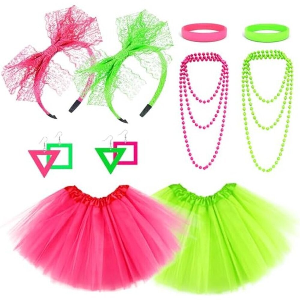 80s Neon Costume Accessory Set Tutu Skirts Headbands Earrings Necklaces